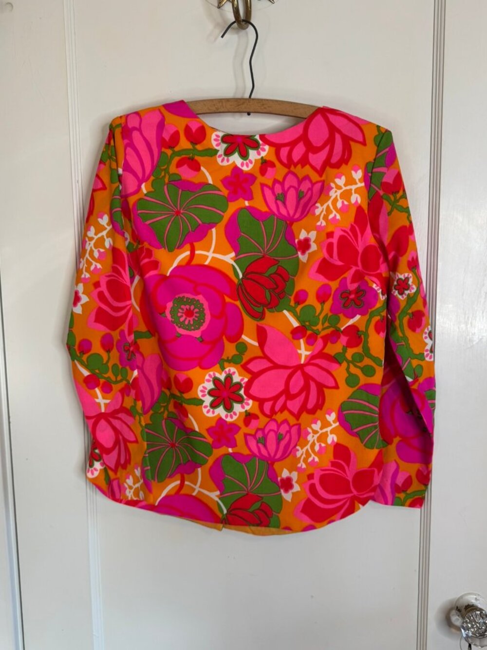 Vtg Joy Stevens California Bright Neon Floral Button Back 1970's Top sz M